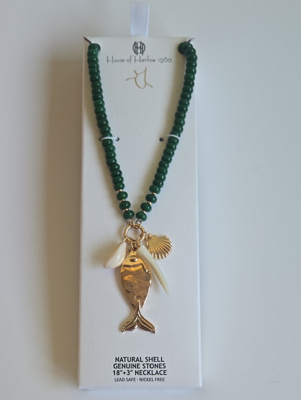 House of Harlow Green Beaded Necklace Natural Shell Genuine Stones "18+3" NWT